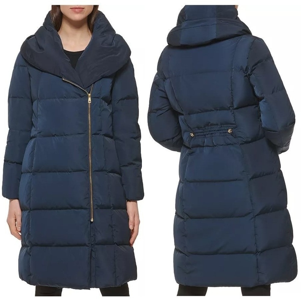 Cole Haan Taffeta Down Puffer Coat Zip Front L Long Hooded Parka Navy Blue NWT